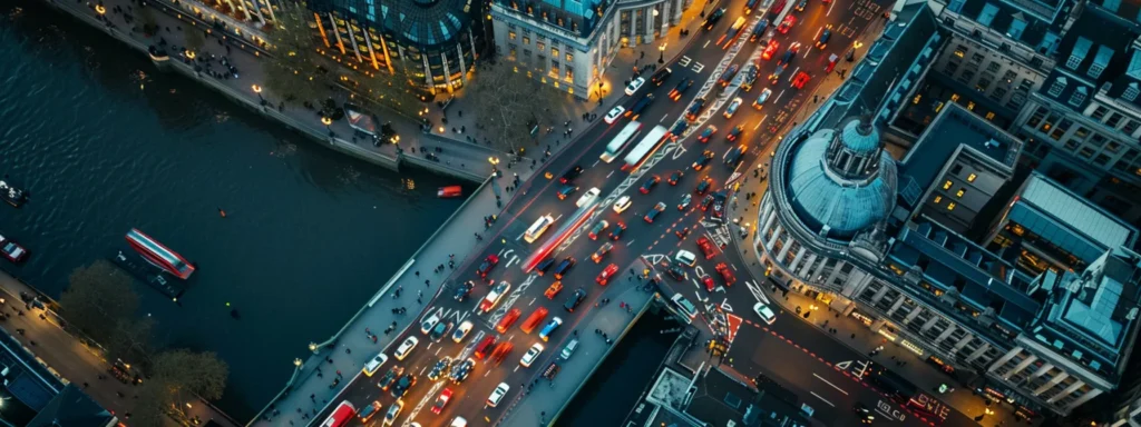 a dynamic aerial shot of bustling traffic and iconic landmarks in london, showcasing the vibrant energy of the city and suggesting endless possibilities for brand promotion through video production.