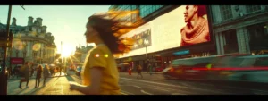 capture a bustling london street with vibrant video billboards showcasing innovative marketing campaigns.