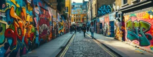 vibrant graffiti-filled alley in london with a group of filmmakers brainstorming creative video ideas.