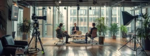 a sleek, modern office setting in central london featuring a professional film crew shooting a corporate video production.