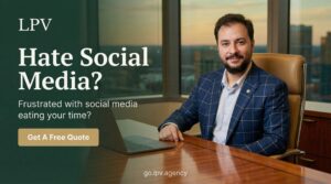 Frustrated business owner overwhelmed by social media's time-consuming demands. Get help now!