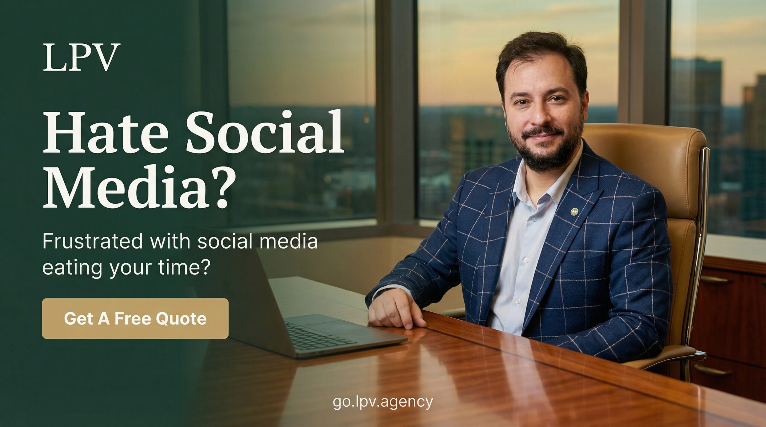 Frustrated business owner overwhelmed by social media's time-consuming demands. Get help now!