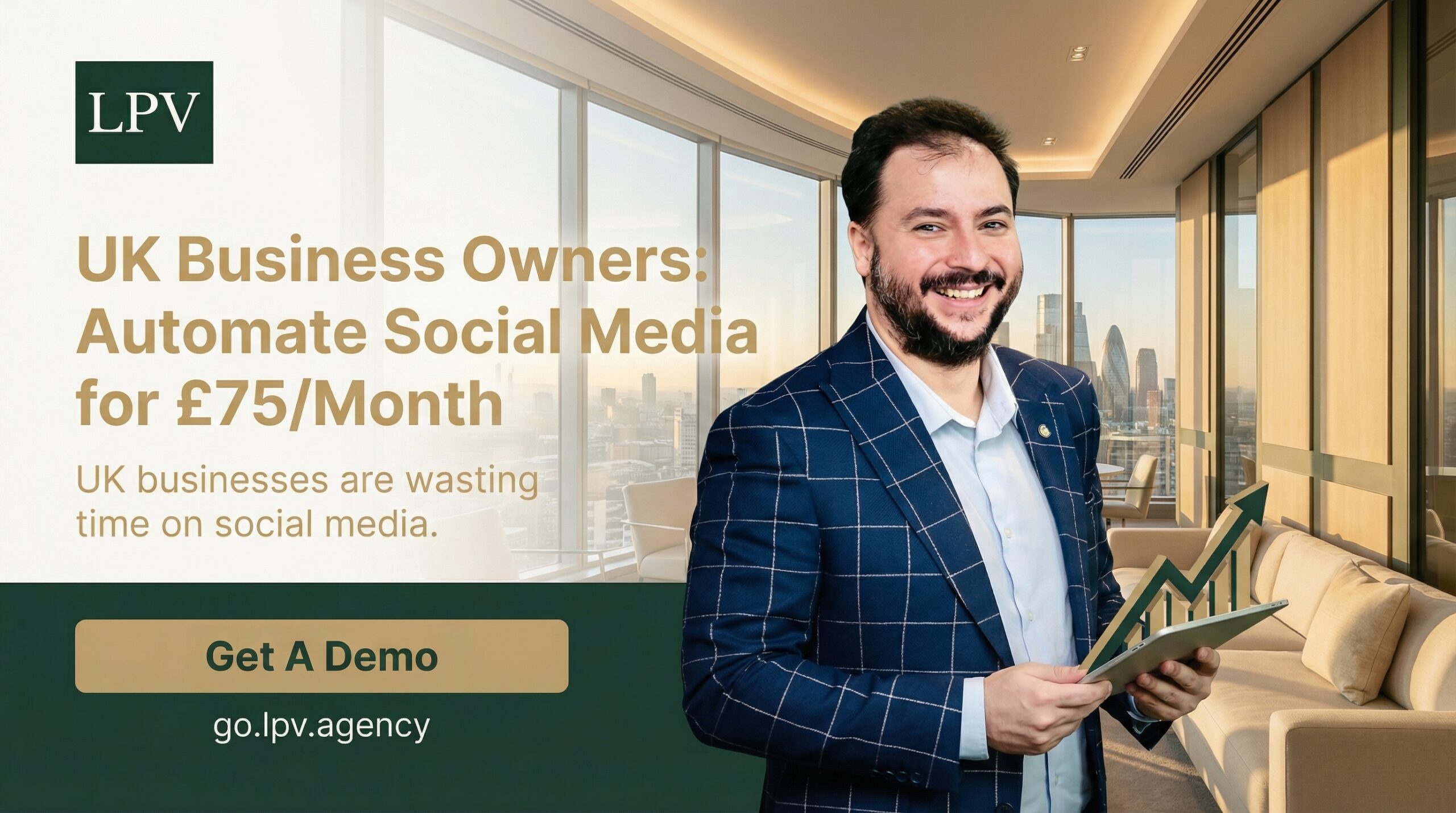 UK business owners automating social media for £75/month, saving time and enhancing presence.