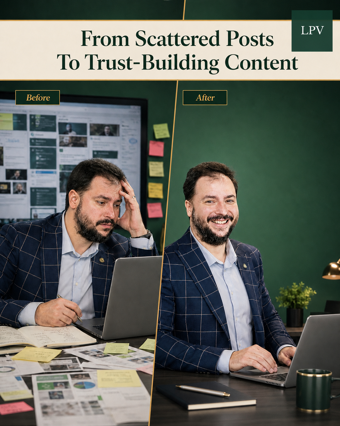 Male business owner planning consistent B2B video marketing content strategy in London