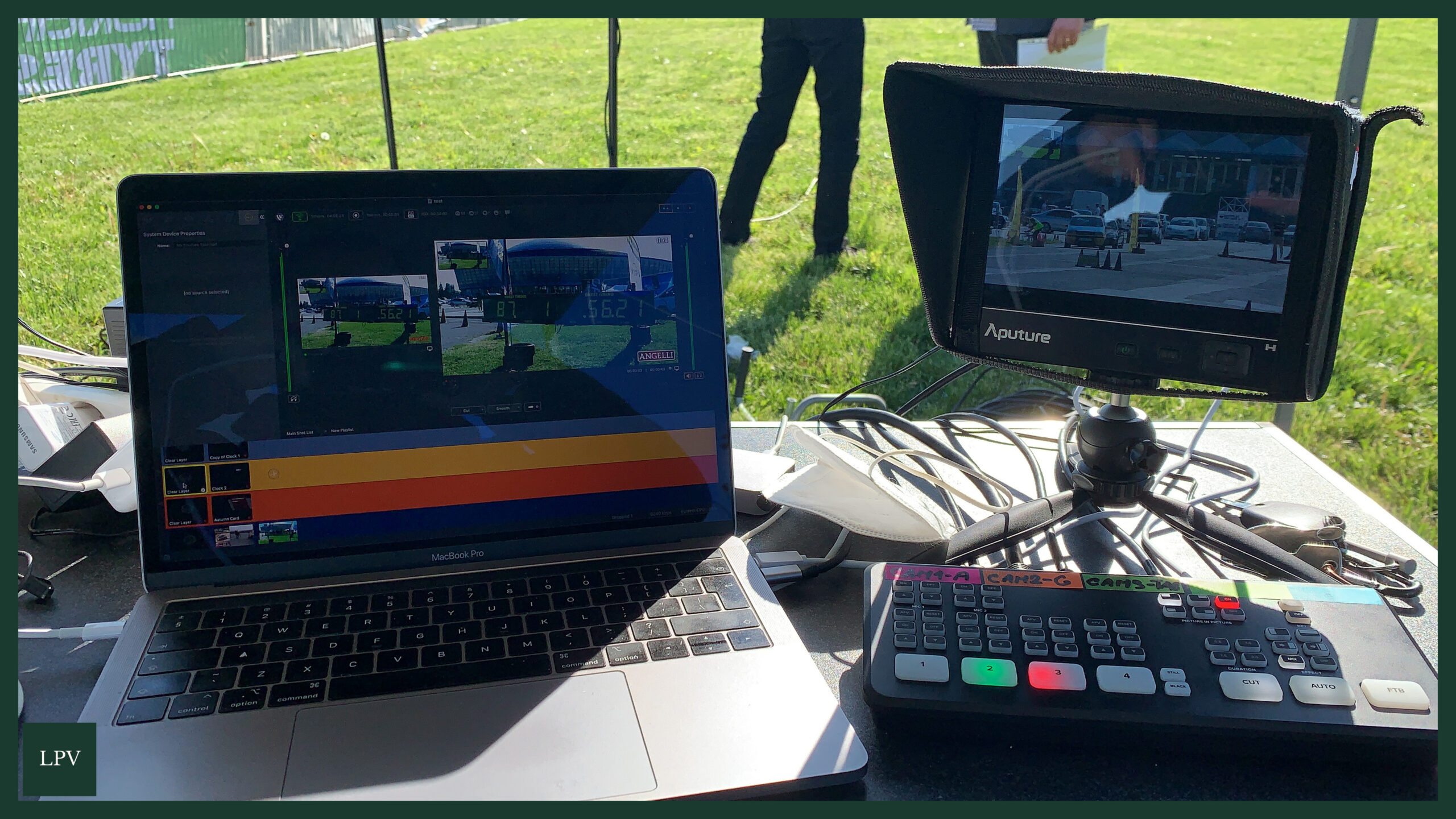 Race timing dashboard and live camera feeds on laptop at London event
