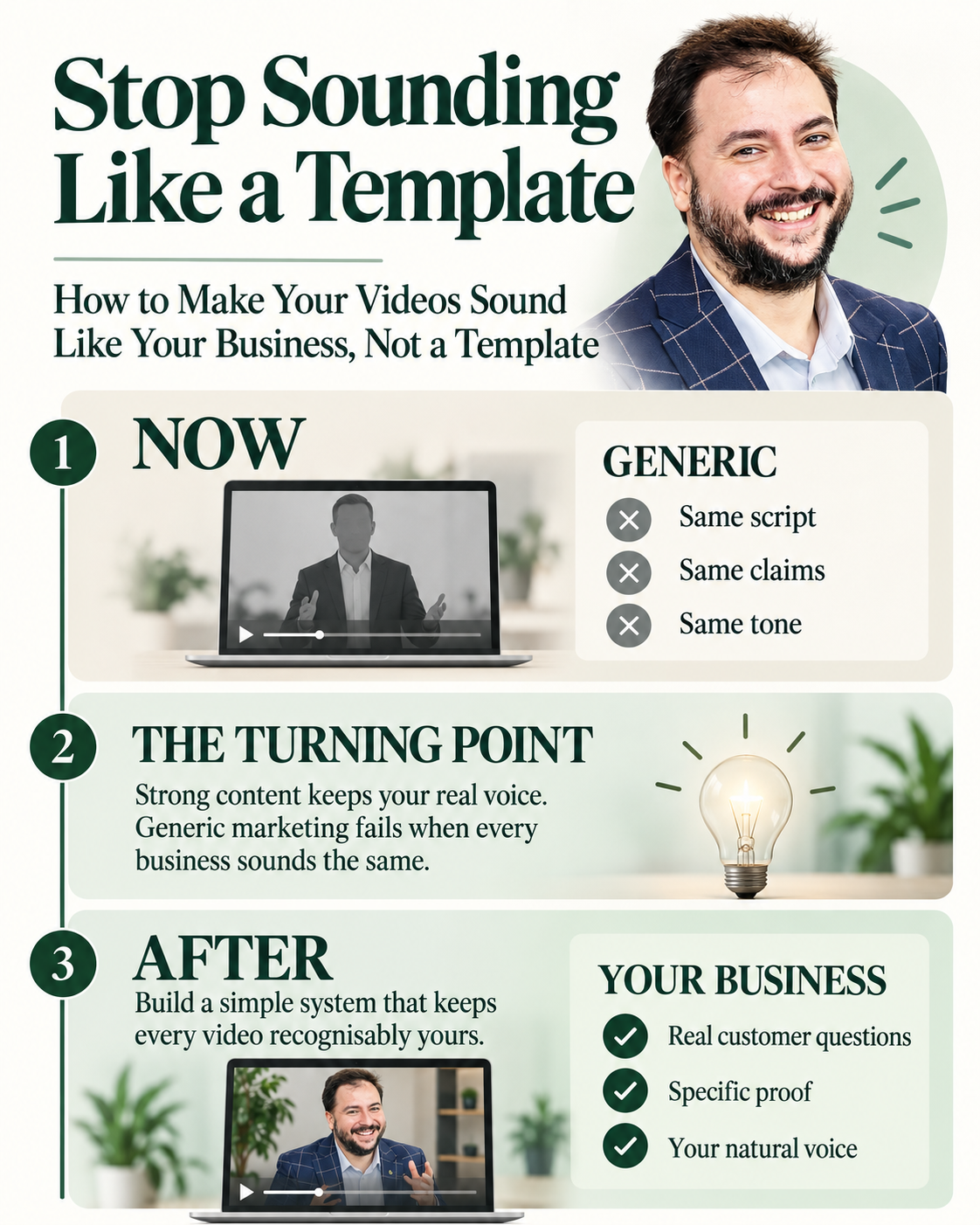 London business owner pauses at a polished video with generic marketing claims.