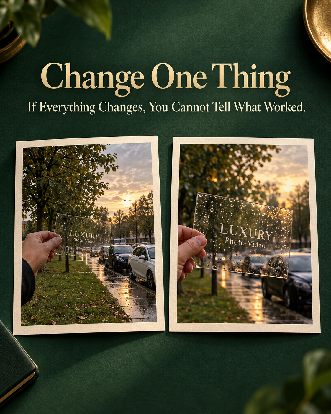 LUXURY Photo-Video pane held against a wet street during early video marketing testing