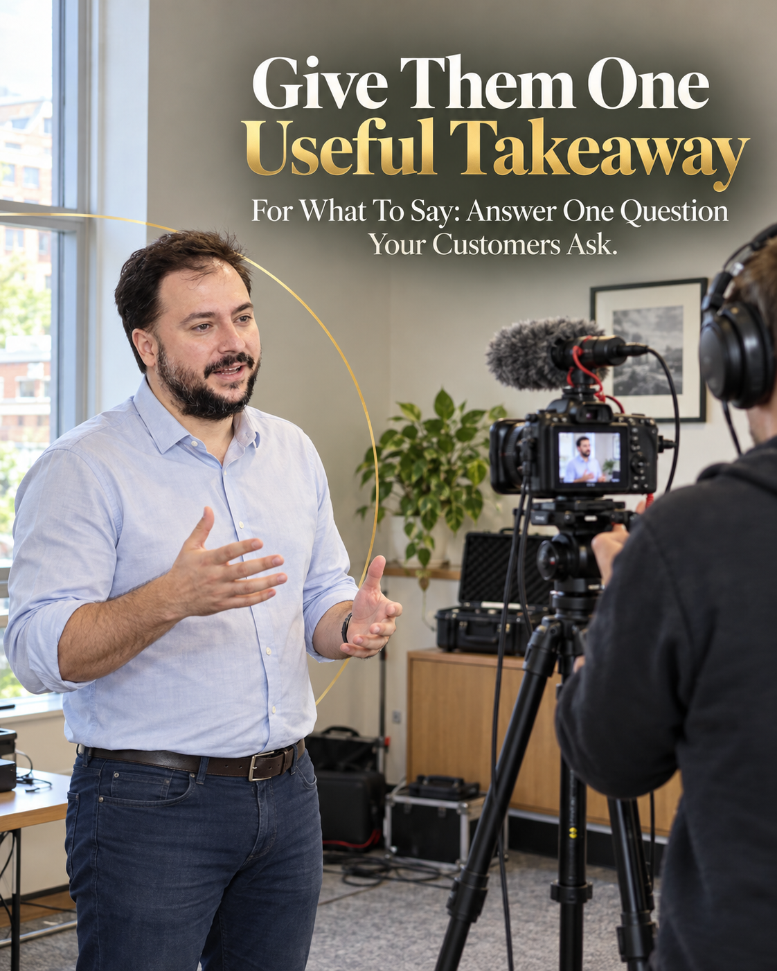 Business owner reviewing a three-line video brief for automated video marketing services UK