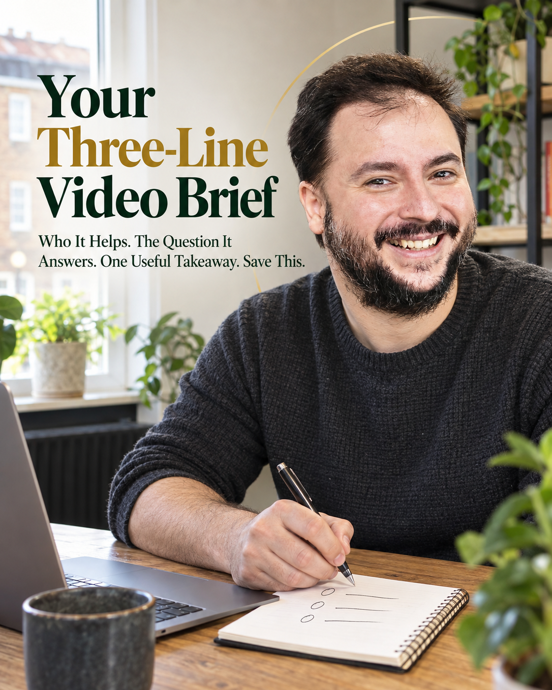London business owner writing a three-line video brief before recording, for automated video marketing services UK